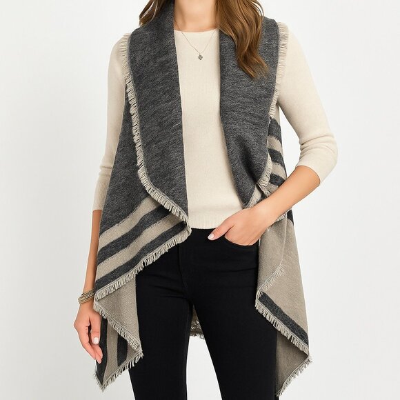 Womens One Size Cardigan Vest Waterfall Open Front Striped Fringe Hem Gray Black - Picture 1 of 13
